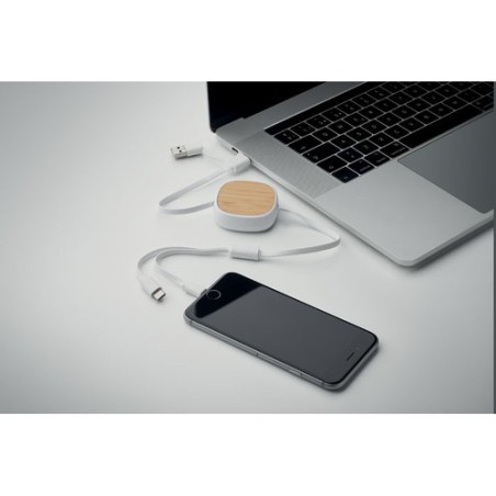Câble de charge USB rétractable personnalisé pratique et élégant - TOGOBAM Matières : bambou Couleurs : blanc goodies publicitai
