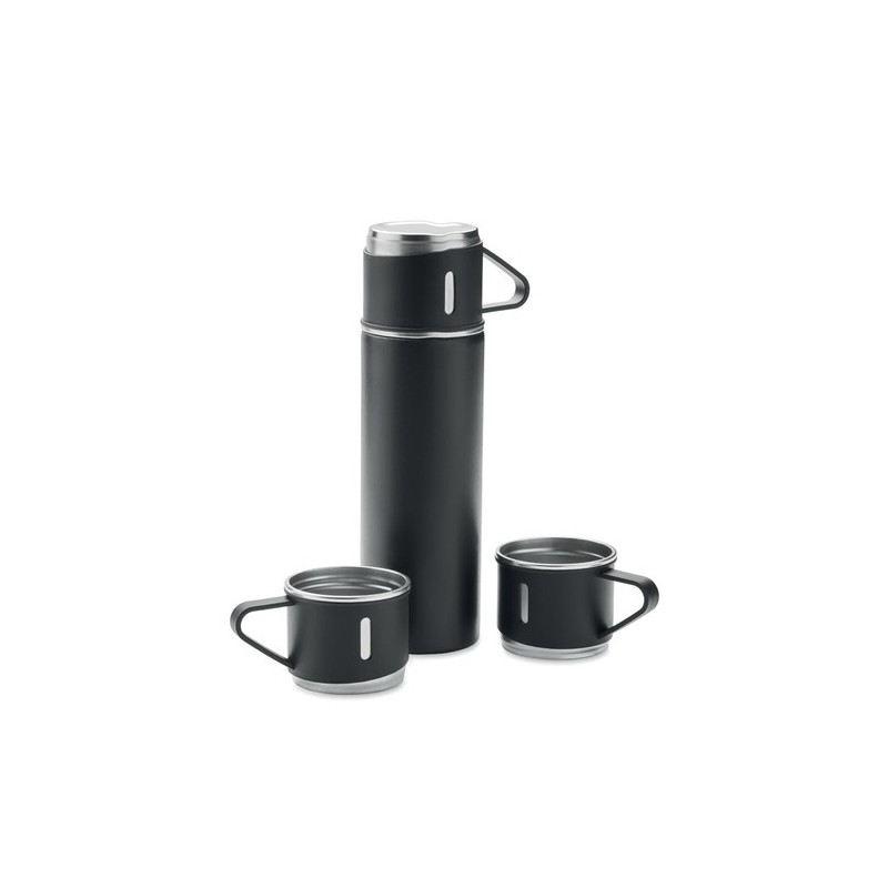 Set Pratique de Bouteille Isotherme Personnalisée et 2 Gobelets SHARM Matières : acier inoxydable Couleurs : noir