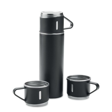 Set Pratique de Bouteille Isotherme Personnalisée et 2 Gobelets SHARM Matières : acier inoxydable Couleurs : noir