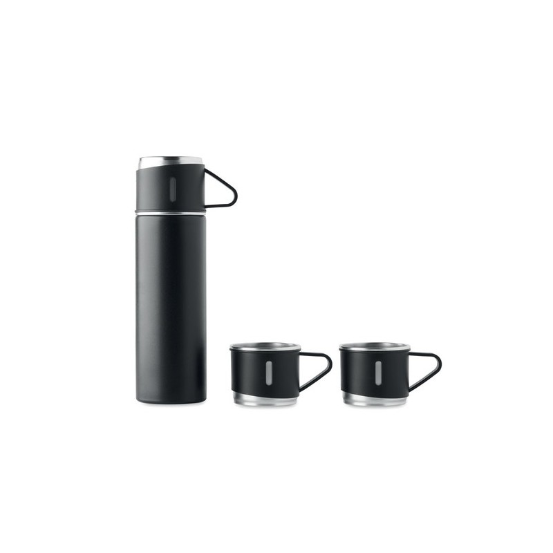 Set Pratique de Bouteille Isotherme Personnalisée et 2 Gobelets SHARM Matières : acier inoxydable Couleurs : noir personnalisabl