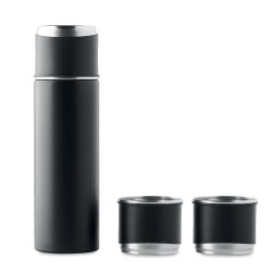 Set Pratique de Bouteille Isotherme Personnalisée et 2 Gobelets SHARM Matières : acier inoxydable Couleurs : noir cadeau entrepr