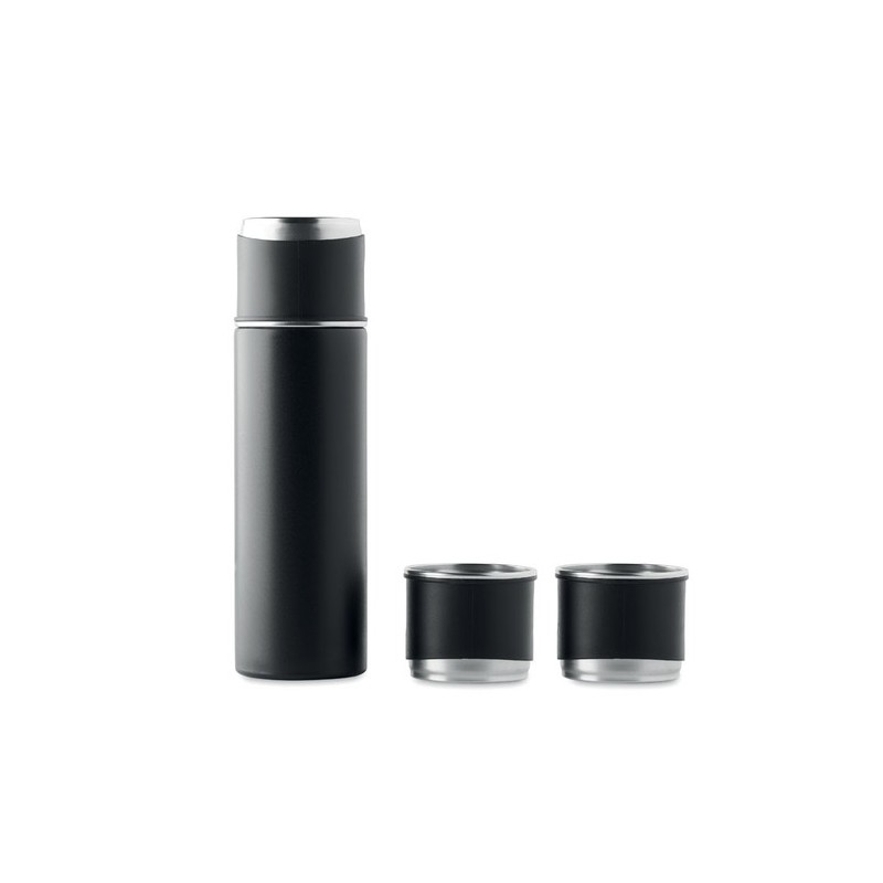 Set Pratique de Bouteille Isotherme Personnalisée et 2 Gobelets SHARM Matières : acier inoxydable Couleurs : noir cadeau entrepr
