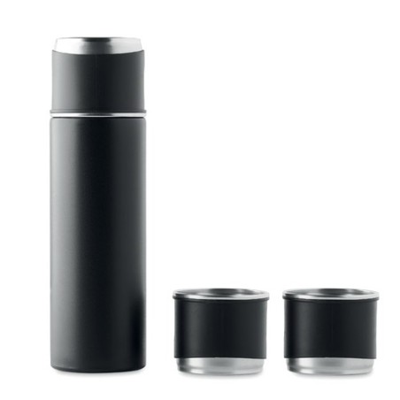 Set Pratique de Bouteille Isotherme Personnalisée et 2 Gobelets SHARM Matières : acier inoxydable Couleurs : noir cadeau entrepr