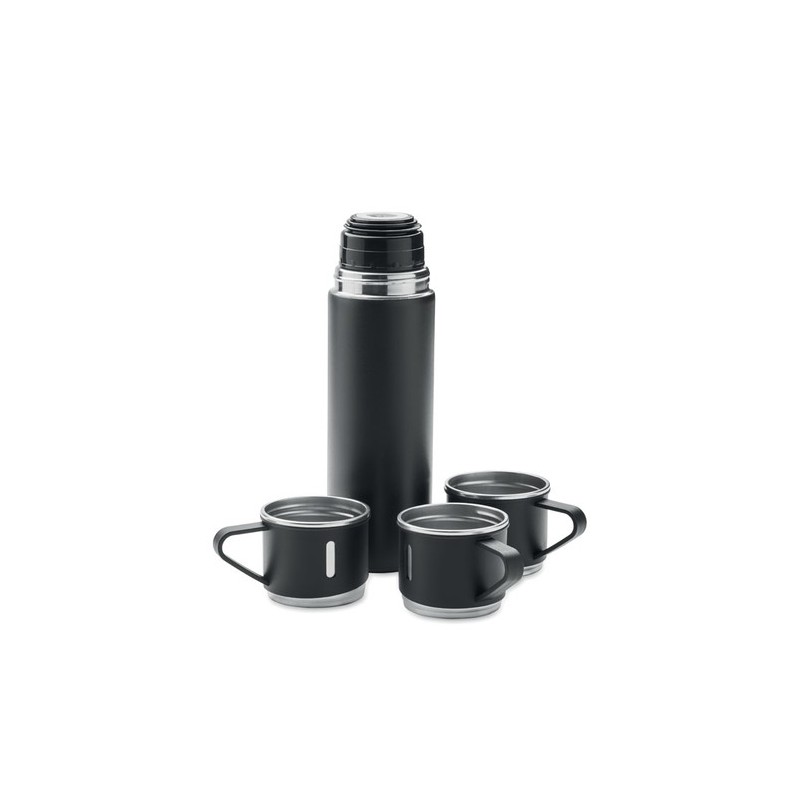 Set Pratique de Bouteille Isotherme Personnalisée et 2 Gobelets SHARM Matières : acier inoxydable Couleurs : noir goodies public