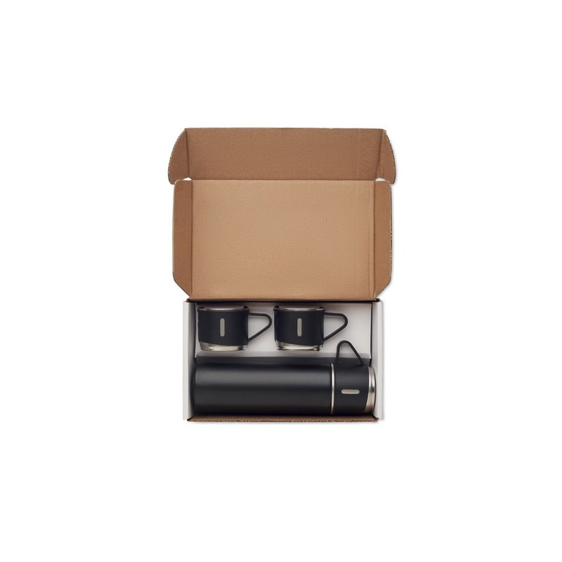 Set Pratique de Bouteille Isotherme Personnalisée et 2 Gobelets SHARM Matières : acier inoxydable Couleurs : noir cadeau collabo