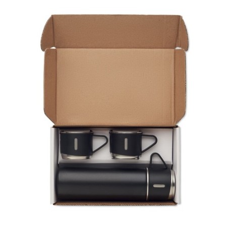 Set Pratique de Bouteille Isotherme Personnalisée et 2 Gobelets SHARM Matières : acier inoxydable Couleurs : noir cadeau collabo