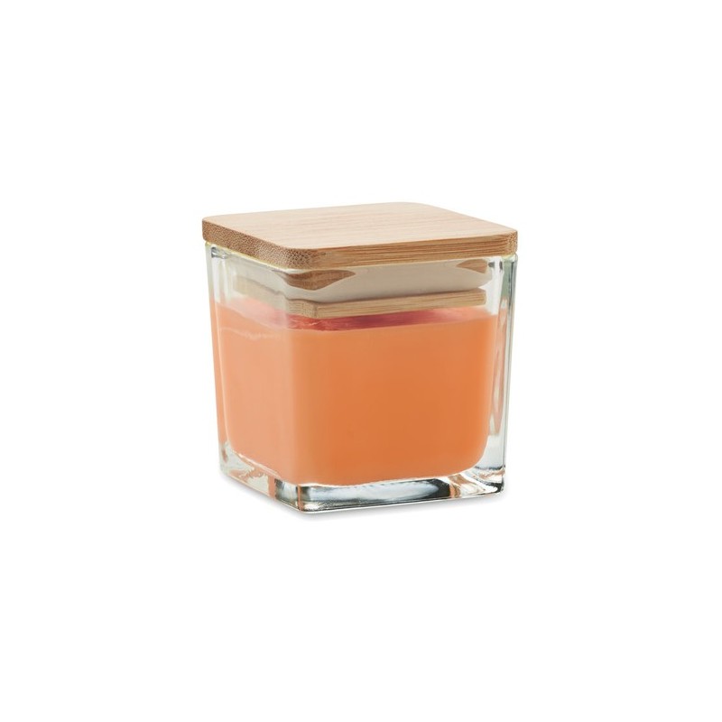 Bougie parfumée carrée 50gr personnalisée idéale pour décorer PILA Matières : verre Couleurs : orange goodies publicitaire événe