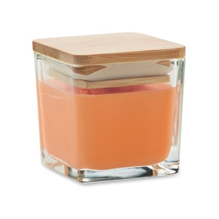 Bougie parfumée carrée 50gr personnalisée idéale pour décorer PILA Matières : verre Couleurs : orange goodies publicitaire événe