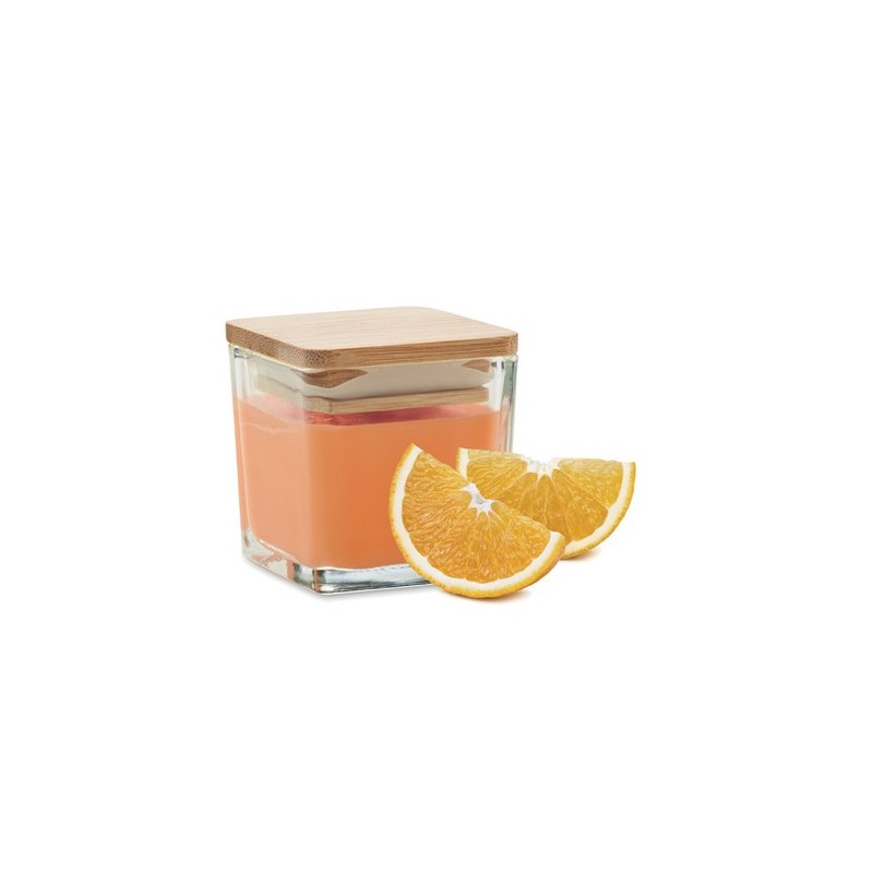Bougie parfumée carrée 50gr personnalisée idéale pour décorer PILA Matières : verre Couleurs : orange livraison express 24h 48h