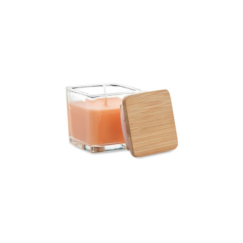 Bougie parfumée carrée 50gr personnalisée idéale pour décorer PILA Matières : verre Couleurs : orange cadeau collaborateur premi