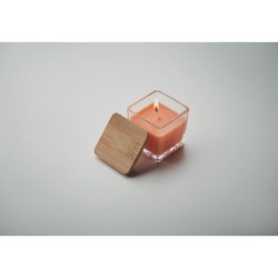 Bougie parfumée carrée 50gr personnalisée idéale pour décorer PILA Matières : verre Couleurs : orange impression logo haute qual