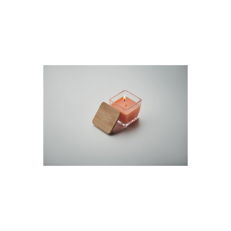 Bougie parfumée carrée 50gr personnalisée idéale pour décorer PILA Matières : verre Couleurs : orange impression logo haute qual