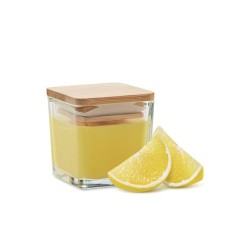 Bougie parfumée carrée 50gr personnalisée idéale pour décorer PILA Matières : verre Couleurs : jaune marquage laser ultra précis