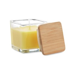 Bougie parfumée carrée 50gr personnalisée idéale pour décorer PILA Matières : verre Couleurs : jaune personnalisation rapide en 