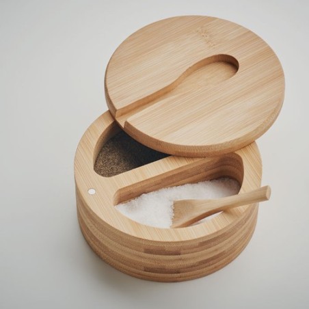 Boîte à Sel et Poivre Éco-responsable en Bambou Personnalisée - S&P Matières : bambou Couleurs : bois marquage laser ultra préci