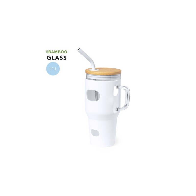 Pot en Verre Éco-responsable pour Cadeaux d'Entreprise - Namun Matières : bambou Couleurs : blanc personnalisable avec votre log