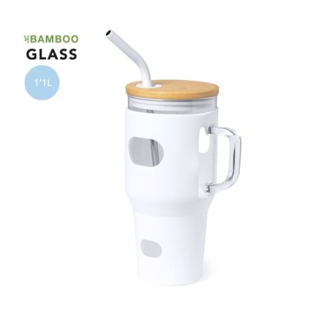 Pot en Verre Éco-responsable pour Cadeaux d'Entreprise - Namun Matières : bambou Couleurs : blanc personnalisable avec votre log