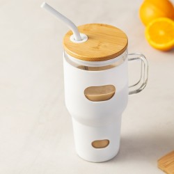 Pot en Verre Éco-responsable pour Cadeaux d'Entreprise - Namun Matières : bambou Couleurs : blanc marquage laser ultra précis