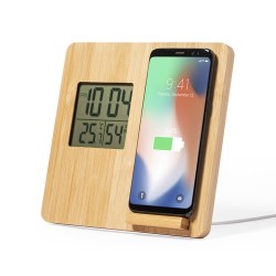 Chargeur Sans Fil Intégré Éco-responsable Station Météo Fiory Matières : bambou cadeau entreprise pas cher