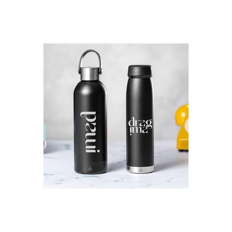 Bidon Isotherme Éco-responsable Thermique Nimay Couleurs : noir Matières : acier inoxydable recyclé objet promo petit budget