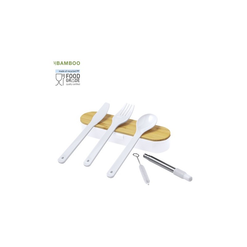 Set de Couverts Éco-responsables Personnalisés Milner Matières : bambou Couleurs : blanc personnalisable avec votre logo