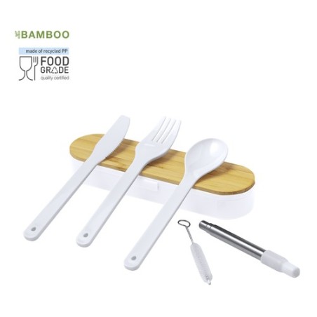 Set de Couverts Éco-responsables Personnalisés Milner Matières : bambou Couleurs : blanc personnalisable avec votre logo
