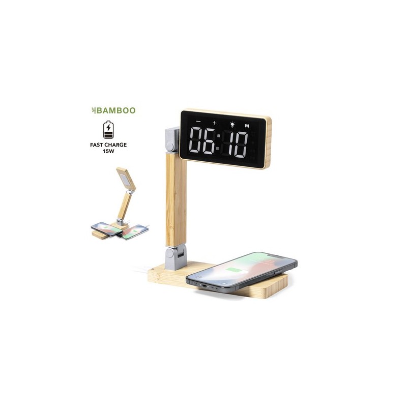 Horloge Multifonction Personnalisée Éco-responsable avec Chargeur et Lampe - Edres Matières : bambou