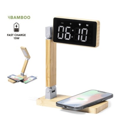 Horloge Multifonction Personnalisée Éco-responsable avec Chargeur et Lampe - Edres Matières : bambou