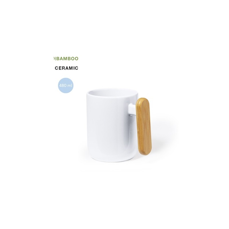Tasse en Céramique Éco-responsable avec Poignée en Bambou Personnalisée Mystral Matières : bambou Couleurs : blanc personnalisab