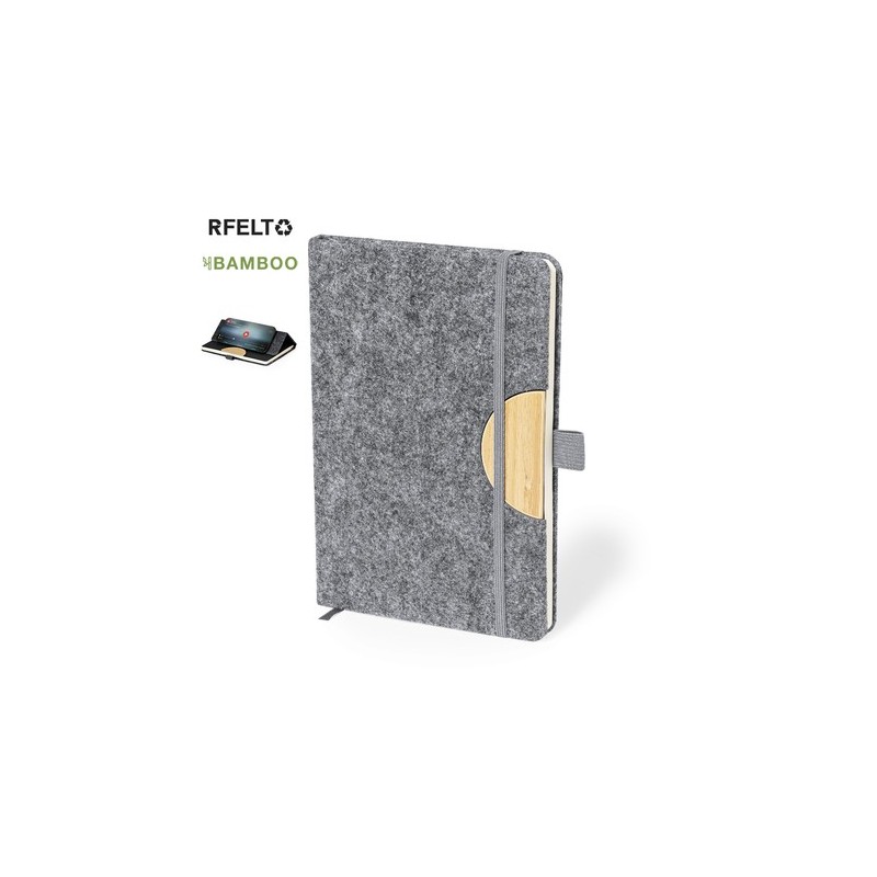 Bloc Notes Éco-responsable Personnalisé avec Support Smartphone - Kobain Matières : bambou Couleurs : gris personnalisable avec 