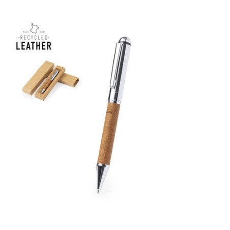 Stylo personnalisé en métal chromé et cuir recyclé pratique - Rayulk Matières : cuir recyclé