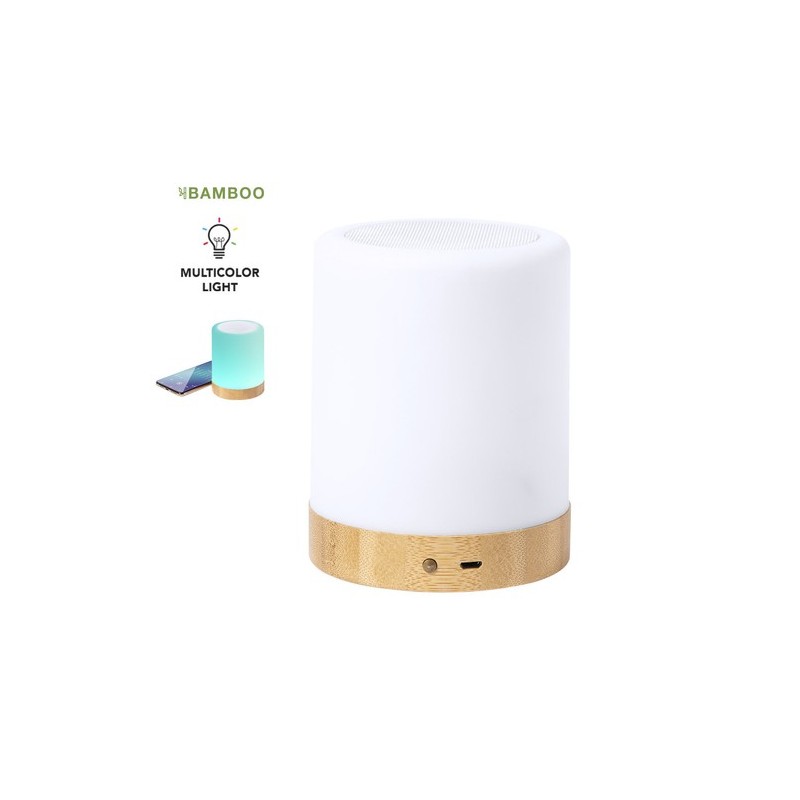 Haut-Parleur Personnalisé avec Ambiance Lumineuse Économique - Nalow Matières : bambou Couleurs : blanc personnalisable avec vot