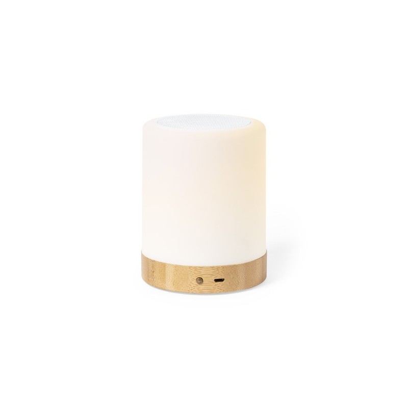 Haut-Parleur Personnalisé avec Ambiance Lumineuse Économique - Nalow Matières : bambou Couleurs : blanc impression haute définit
