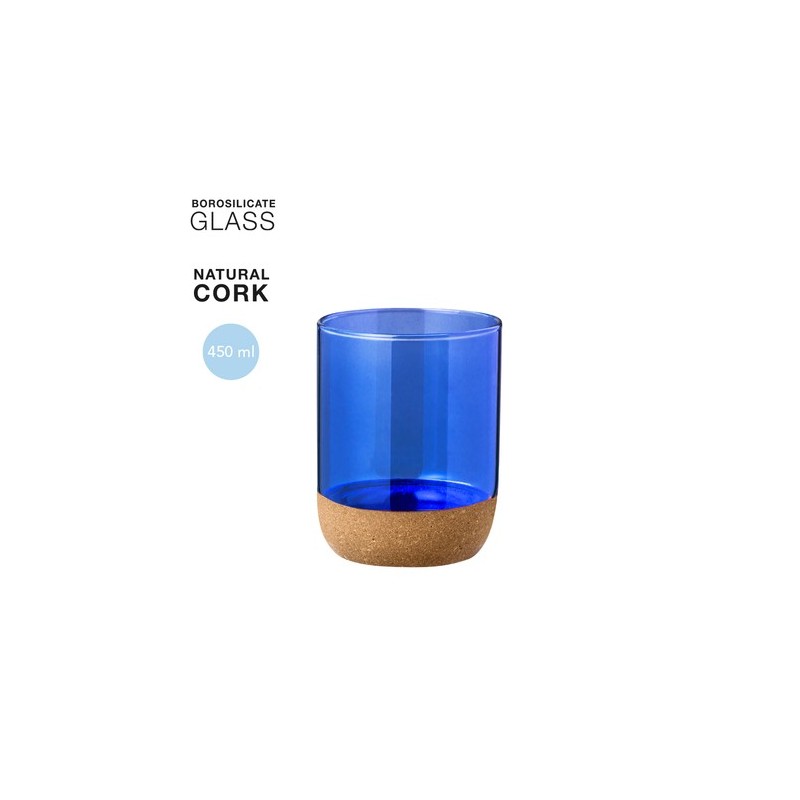 Verre Éco-Responsable Personnalisé en Borosilicate Bixlo Matières : liège Couleurs : bleu impression haute définition