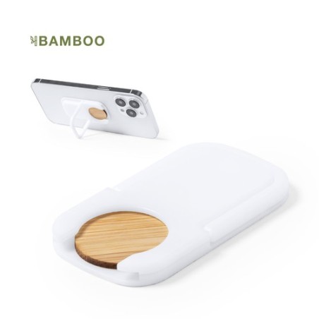 Support smartphone personnalisé pratique pas cher Farty Matières : bambou Couleurs : blanc personnalisable avec votre logo