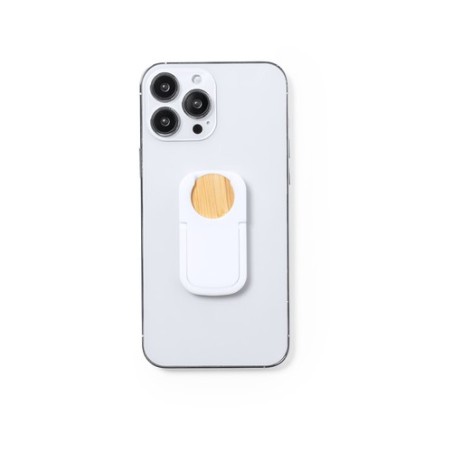 Support smartphone personnalisé pratique pas cher Farty Matières : bambou Couleurs : blanc marquage laser ultra précis