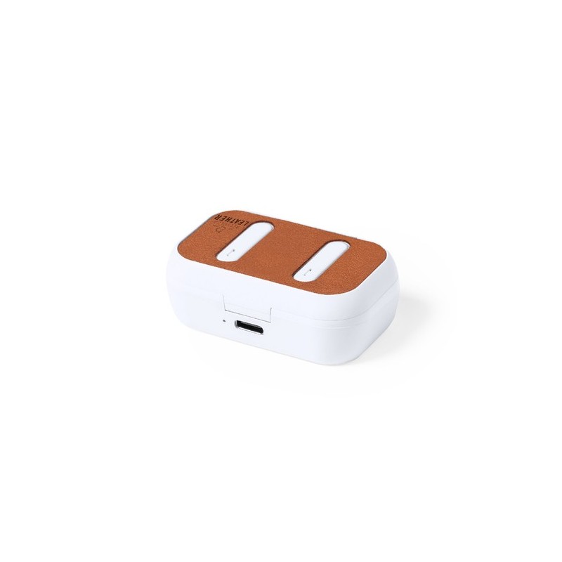 Écouteurs Bluetooth Éco-responsables Personnalisés Élégants Shizar RCS Matières : cuir recyclé Couleurs : marron goodies publici