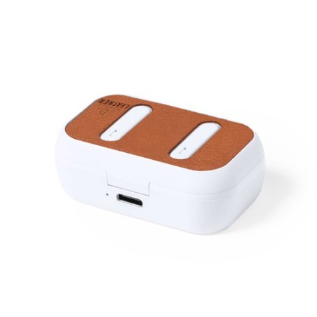 Écouteurs Bluetooth Éco-responsables Personnalisés Élégants Shizar RCS Matières : cuir recyclé Couleurs : marron goodies publici
