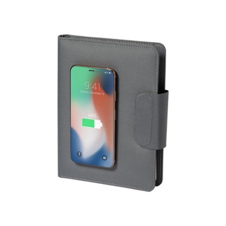 Bloc Notes Multifonction Personnalisé avec Chargeur Inclus - Dambier Matières : PET recyclé Couleurs : gris impression haute déf