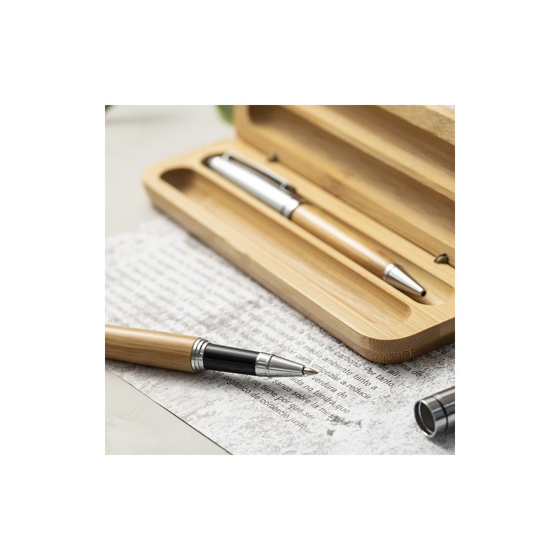 Stylo et Roller Éco-responsables Personnalisés Pas Cher - Set Notium Matières : bambou cadeau collaborateur premium