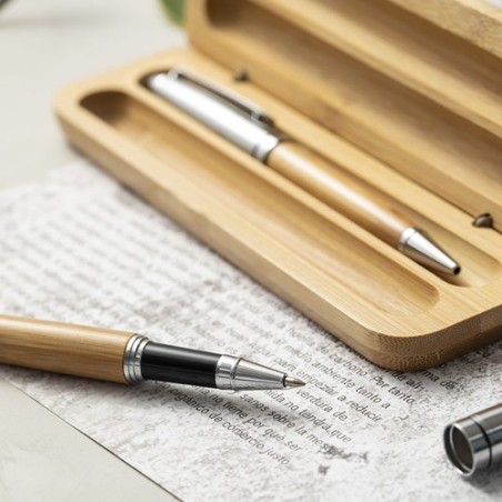 Stylo et Roller Éco-responsables Personnalisés Pas Cher - Set Notium Matières : bambou cadeau collaborateur premium