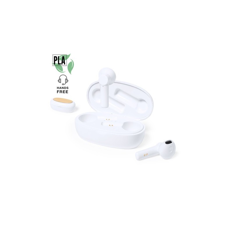 Écouteurs Éco-responsables et Innovants Personnalisés pas cher Kermit Matières : bambou Couleurs : blanc personnalisable avec vo
