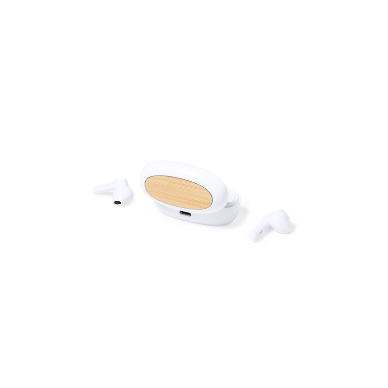 Écouteurs Éco-responsables et Innovants Personnalisés pas cher Kermit Matières : bambou Couleurs : blanc goodies publicitaire év
