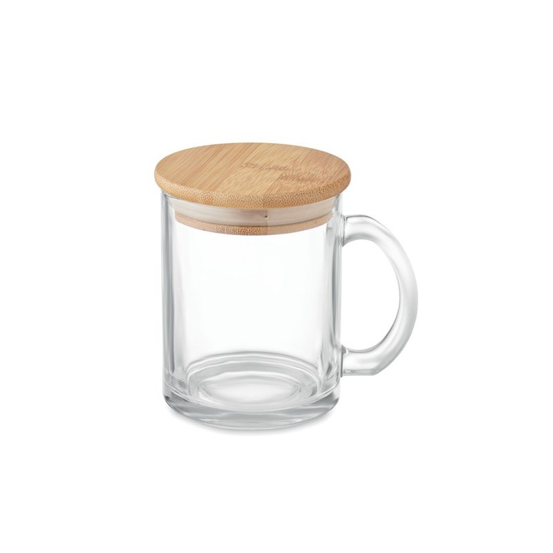 Mug  en verre recyclé de 300 ml avec couvercle en bambou personnalisé CELESTIAL Matières : verre Couleurs : transparent