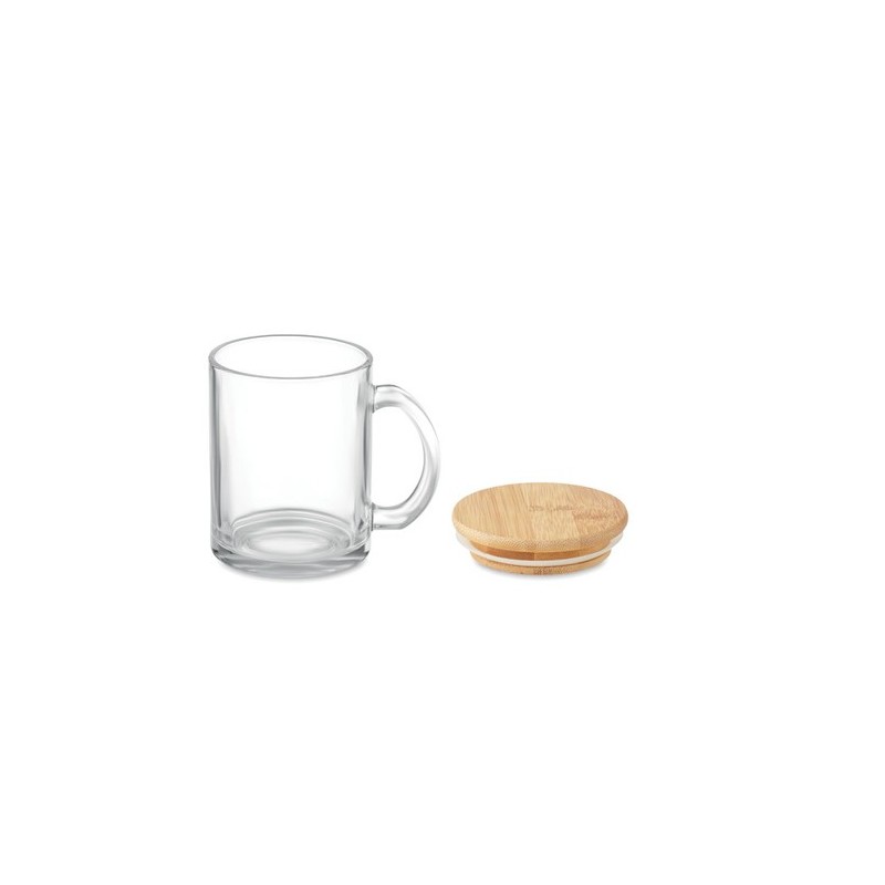 Mug  en verre recyclé de 300 ml avec couvercle en bambou personnalisé CELESTIAL Matières : verre Couleurs : transparent personna