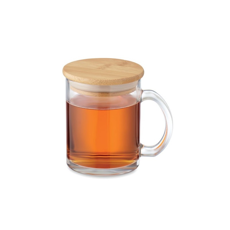 Mug  en verre recyclé de 300 ml avec couvercle en bambou personnalisé CELESTIAL Matières : verre Couleurs : transparent cadeau e