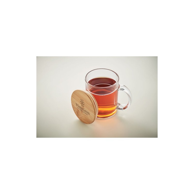 Mug  en verre recyclé de 300 ml avec couvercle en bambou personnalisé CELESTIAL Matières : verre Couleurs : transparent goodies 