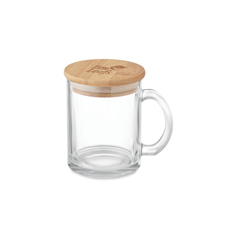 Mug  en verre recyclé de 300 ml avec couvercle en bambou personnalisé CELESTIAL Matières : verre Couleurs : transparent marquage