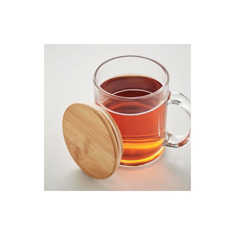 Mug  en verre recyclé de 300 ml avec couvercle en bambou personnalisé CELESTIAL Matières : verre Couleurs : transparent livraiso