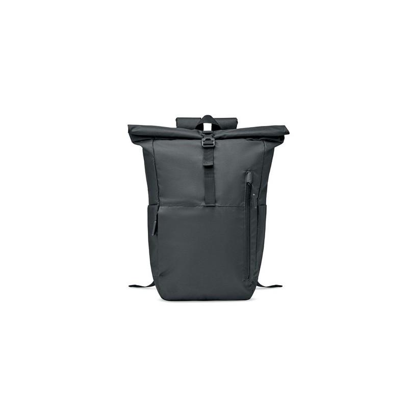 Sac à Dos Éco-responsable RPET 300D Personnalisé pour Ordinateur VALLEY ROLLPACK Matières : PET recyclé Couleurs : noir personna